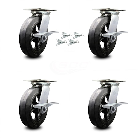 Service Caster 8 Inch Rubber on Steel Caster Set with Roller Bearings and Brakes/Swivel Locks SCC-35S820-RSR-SLB-BSL-4